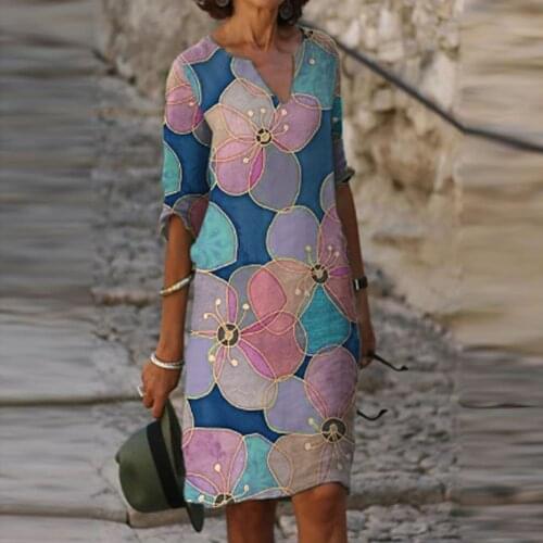 Vintage Elegant Floral Butterfly Printed Dress Women Plus Size Medium Length Long-Sleeved V-Neck Casual Dresses Платье @40