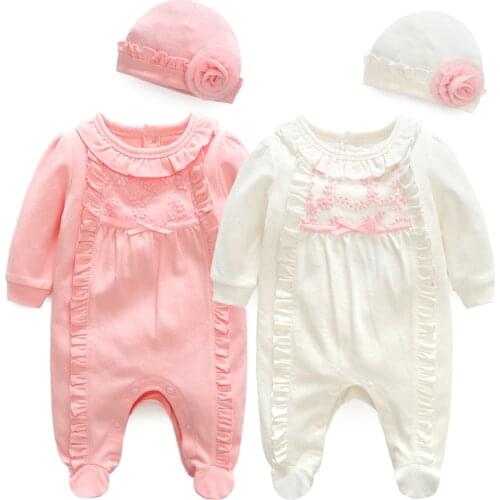 2018 spring baby girl rompers , 1st birthday baby girl clothes jumpsuit + cap princess newborn photography props cotton pajamas
