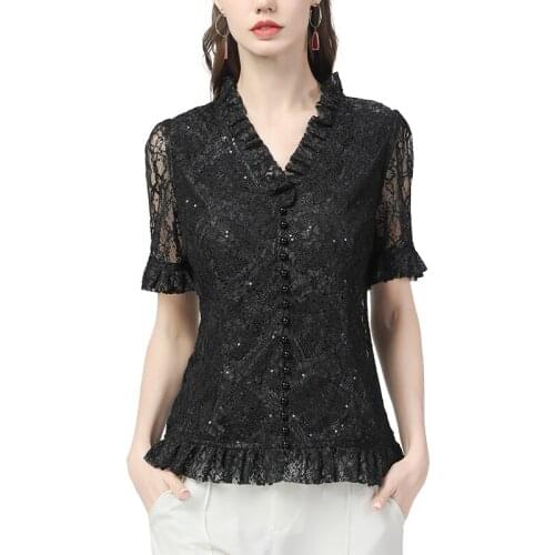 Lace Blouses Womens Short Sleeve Hook Flower Hollow Out Summer Tops Luxury Beaded Ruffled V-Neck Defined Waist Slimming Shirts
