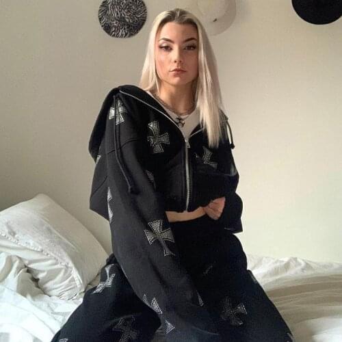 Long Sleeve Black Zip Hoodie Y2k Hip Hop Joggers Sweatshirt Korean Rhinestone Gothic Streetwear Fashion Punk Sport Coat Pullover