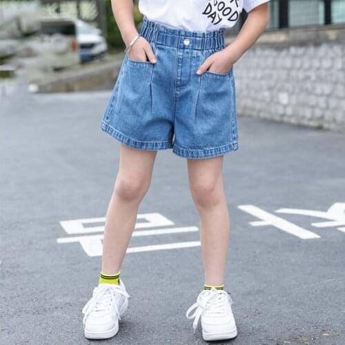 Teenage Girls High Waist Jeans Shorts Pure Blue Denim Kids for Girls Shorts Summer Loose Hot Pants Fashion Toddler Clothes New