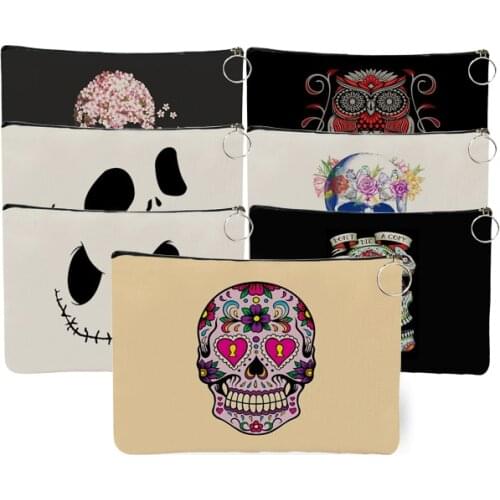Floral Skull Print Canvas Makeup Bag Case Women Travel Toiletry Cosmetic Pouch Bag Clutch Handbag Purses for Hallowween Gift