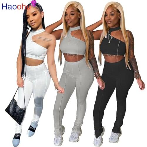 HAOOHU White Two Piece Set One Shoulder Crop Top Sweat Pants Tracksuit Summer Clothes for Women 2021 Sexy Clubwear Matching Set