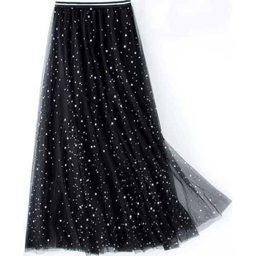 Summer Women Star Sequined Tulle Skirt Elastic High Waist Shining Skirts Chic Holiday Beach Tutu Long Midi Skirt