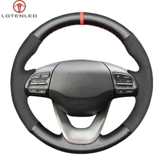 LQTENLEO Black Carbon Fiber Suede Comfortable Durable Hand Sewing Car Steering Wheel Cover for Hyundai Kona 2017 2018 2019 2020