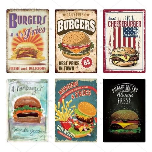 Hamburger & Fries Plaque Metal Vintage Fast Food Tin Sign Wall Decor for Kitchen Cafe Diner Bar Burger Metal Plates 20x30cm