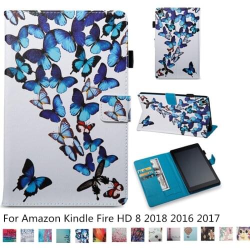 For Amazon Kindle Fire HD 8 2018 2016 2017 Cute Tablet Protecter Shell Stand PU Leather + Soft Silicon Case Cover Funda + pen