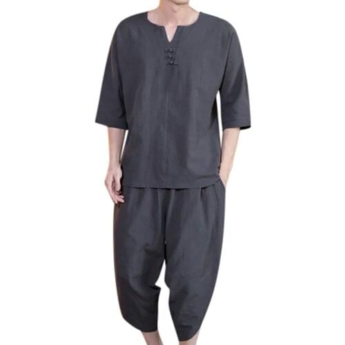 Cotton-hemp Summer 2021two Piece Set Men Short Sleeve T Shirt Cropped Top Shorts Mens Tracksuits Design Fashion T-shirt Sets