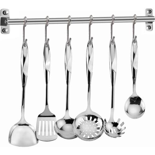 7PCS Stainless Steel Cooking Utensils Set Spatula Shovel Thick Handle with 6 Hooks Rack Cookware Set Kitchen Tool Set Silverware