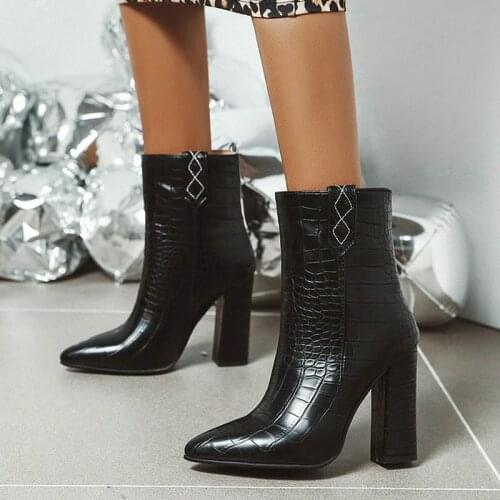 New Series Winter Black White Sexy Women Ankle Boots Fashion Embossed PU Square High Heel Western Boots Warm Ladies Short Boots
