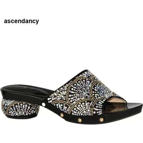 New Arrival Black Color Women Shoes Italian Ladies Shoe for Parties Rhinestoen Women Wedding Shoes High Quality Nigerian Shoes