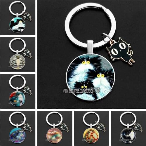 Adorable Black Fluffy Cat Keychains Cute Kitten with Erect Hair Glass Cabochon Key Rings Gift for girl