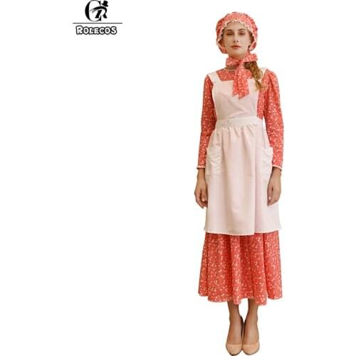ROLECOS Retro Maid Lolita Dress Hat Apron Victorian Cotton Long Sleeve Dress Women Vintage Medieval Dress Housework Costume Set