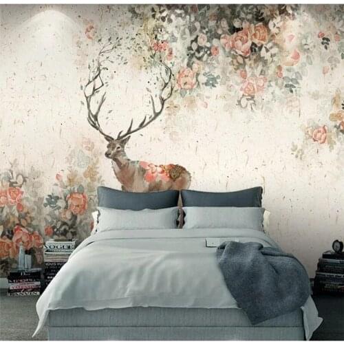 Custom Photo Self Adhesive wallpapers for walls 3d Elk Scandinavian Style Backdrop Retro Peony Retro Rose decorate Waterproof