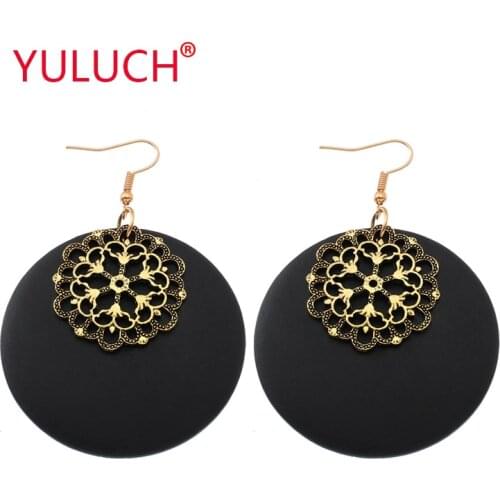 YULUCH Luxury Wooden Earrings Designed for Alloy Flower Hanging Round Wood Pendant Earrings Fashion Women Jewelry Gifts