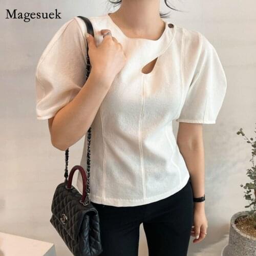 New Elegant Hollow Out Slim Women Tops Korean Summer O Neck Cotton Woman Tshirts Puff Short Sleeve Solid Stripe Blouse 14495