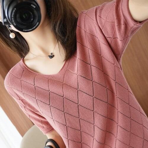 Pure Cotton T-Shirt Women 2021 Summer New Womens Casual Solid Color Knit Sweater V Neck Loose Pullover Large Size Hollow Tops