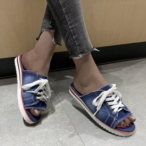 New Ladies Peep Toe Flat Slipper Women Canvas Woman Lace Up New Womens Casual Female Fashion Denim Beach Shoes Plus Size43