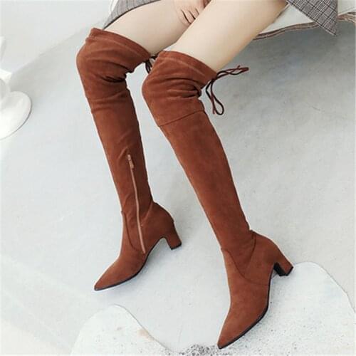 Women Boots Winter Knee High Boots Zipper Square High Heel Long Boots Pointed Toe Shoes Ladies Fall Big Size 32-43