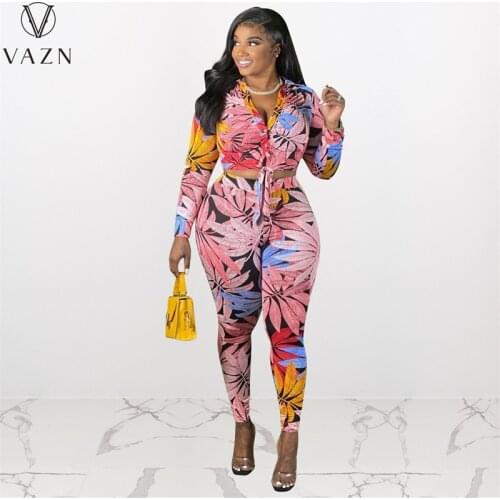 VAZN 2021 Striped Print Sexy Full Sleeve V-neck Party Going Out Wear Two Piece Set Women Top And Long Pant Sets