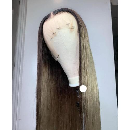 Ash Gold Omber Long Straight Human Hair lace Frontal Wig With Baby Hair 24 Inches Long Glueless Lace Wigs Ppreplucked For Women