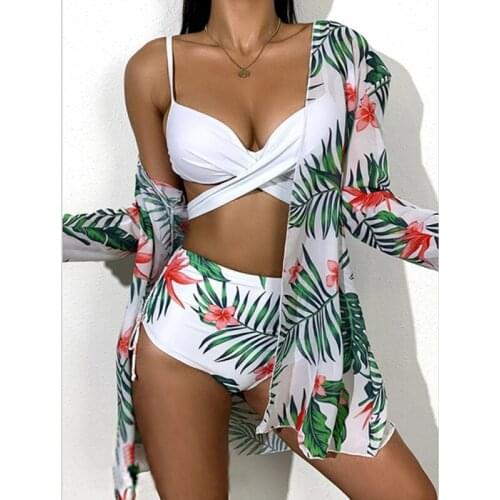 3pcs Women Leaf Print Three-Piece Suits Floral Printed Swimming Suit For Women Bikini Push-Up Padded Swimwear Swimsuit Beachwear