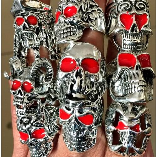 30pcs Red Eye Crown Cap Skull Ring High Quality Fashion Biker Skeleton Ring Personality Men Women Party Jewelry Punk HOT RING