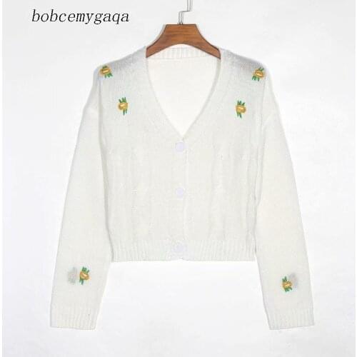 White Embroidery Cardigan Sweater Women Button Up V Neck Long Sleeve Winter Autumn Short Sweater Casual Knitted Cardigan