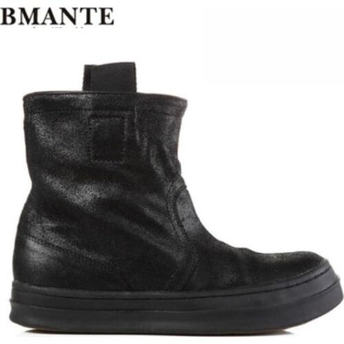 Bmante Men Boots Snow With Fur Genuine Leather Burst Crack Male Adult Owen Gothic Ankle Shoes Casual Trainers Flats Sneaker
