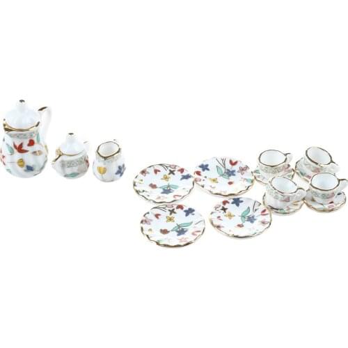 15 Piece Miniature Dollhouse dinnerware porcelain tea set tableware Cup plate Colorful floral print