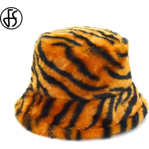 FS New Rabbit Fur Winter Hat For Women Men Warm Yellow Tiger Striped Bucket Hats Fashion Warm Thick Plush Panama Cap Bob Femme