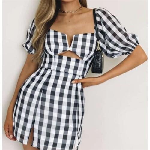 FUFUCAILLM 2021 New Womens Dress Plaid Floral Print Square Neck Puff Sleeve Hollow Out Mini Dress Gingham Retro Summer Dresses
