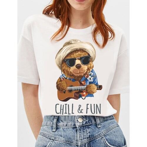 BLINGPAW Teddy Bear Graphic Tees Chill and Fun Letter Print T-shirt White Cotton Unisex Top&Tees Summer Custom Tee Shirts