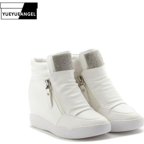 Fashion Women Hidden Heel Wedges Zipper Diamond High Top Joggers Female Trainers Sneakers Casual Pu Leather Thick Platform Shoes
