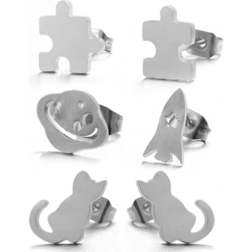 Cute Star Earrings For Women Girls Statement Silver Color Animal Cat Fish Stainless Steel Stud Earring Exquisite Gift Wholesale