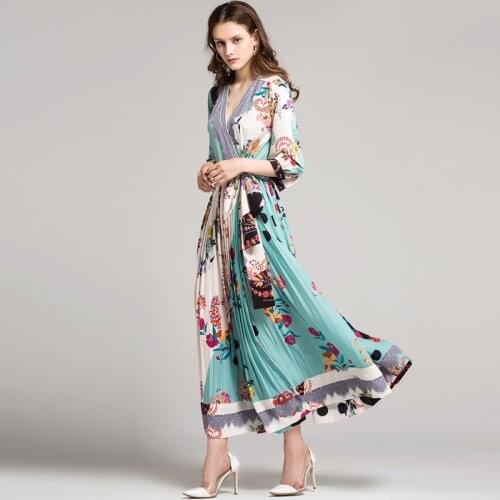 Runway Fashion Women Long Sleeve Autumn V-Neck Flower Print Sashes Split Party Holiday Pleated Dress