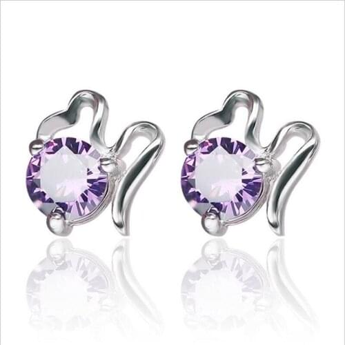 TJP Trendy Cubic Zirconia Purple Stud Earrings Women Jewelry Shiny Clear Crystal Girl 925 Silver Earrings Accessories Female Hot