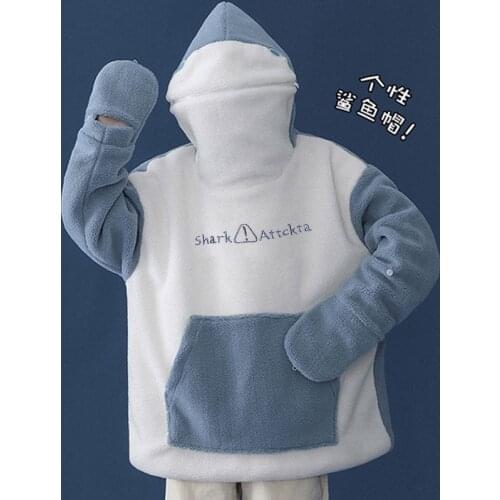 Fashion Tide Chic Hit Color Patchwork Sweatshirts 2021 Autumn Long Sleeve Hoodies Funny Cartoon Shark Hooded Couple Hoodie