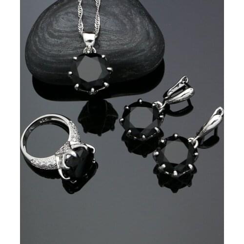 Punk 925 Silver Jewelry Sets For Women Black Stones White Cubic Zirconia Earrings Pendant Necklace Ring Set Party Accessories