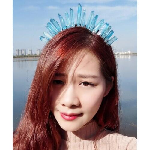 Raw Crystal Quartz Tiara Headband Multicolor Gradient Jewelry Sun Goddess Crown Wedding Bridal Holiday Party Hair Hoop