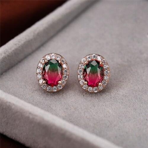 Charm Female Red Green Oval Zircon Earrings Vintage Rose Gold Rainbow Stone Earrings For Women Fashion Wedding Stud Earrings
