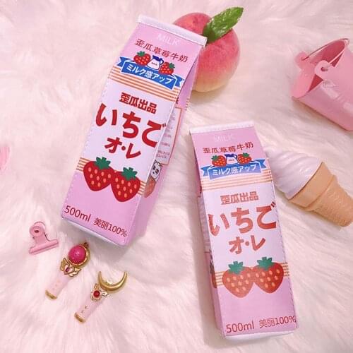 Creative PU Leather Pencil Case Strawberry Milk Box cute pencil case Stationery School Supplies kids gift wholesale