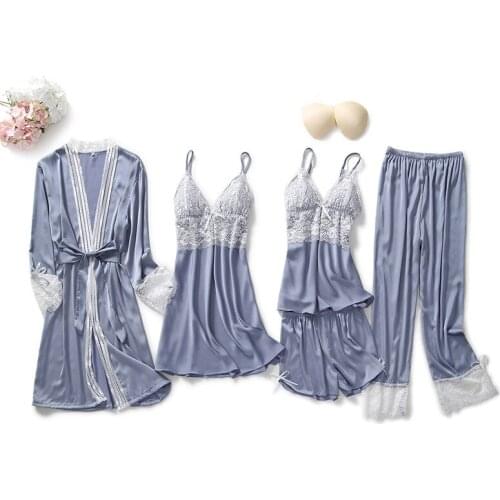 5 Pieces Pajamas Set Sexy Lace Trim Satin Silk Sleepwear Female Spring Fashion Pyjamas For Women Robe Sleep Lounge Homewear