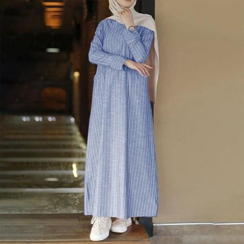 Muslim Long Dress Vintage Striped Sundress Women Abaya Turkey Hijab Dress Casual Long Sleeve Kaftan Vestidos Islamic Clothing