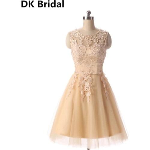 Vestido De Festa Champagne O-Neck Appliques Open Back Bridesmaid Dresses Women Formal Party Gowns Short Wedding Party Dress
