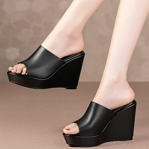 Black White Slippers Women Genuine Leather Wedges High Heel Gladiator Sandals Female Peep Toe Platform Pumps Shoes Casual Shoes