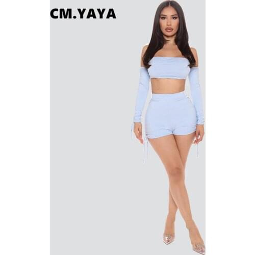 CM.YAYA Women Set Solid Drawstring Off Shoulder Full Sleeve Crop Tops and Shorts Two 2 Piece Set Active Tracksuit Summer Outfits
