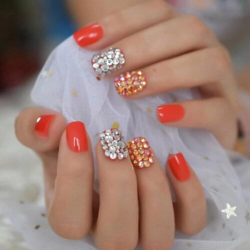 Sexy Red Clear Jelly Rhinestones False Nails Customize Finish Designs Women Fake Finger Wear Nail Art Tips with Adhesive Tabs