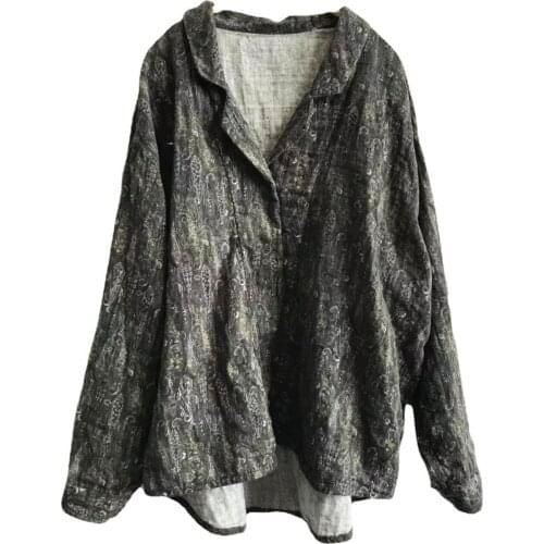 QPFJQD Ladies Loose Retro Printed Cotton Linen Blouse Tops Casual Women Vintage Retro Print Shirts And Blouses Chinese Style
