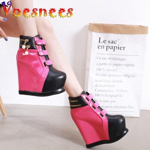 New Wedges Shoes for Women Ankle Boots ZIP Thick Bottom Pearl Sexy High Slope Spring and Aurumn Shoes Ladies Platform High Heels